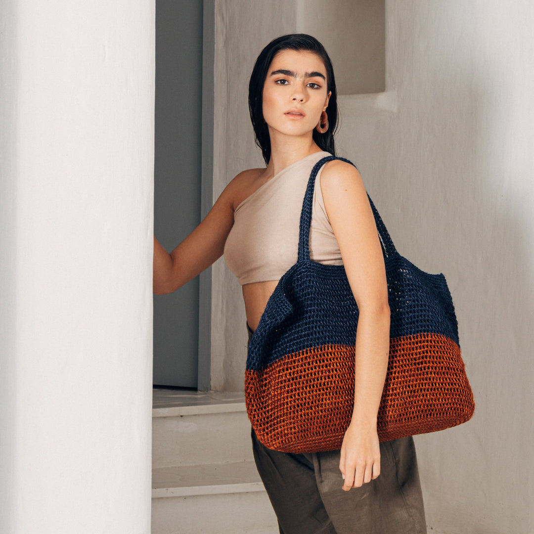 Bicolor Fique Tote — Navy / Orange by Matamba at White Label Project