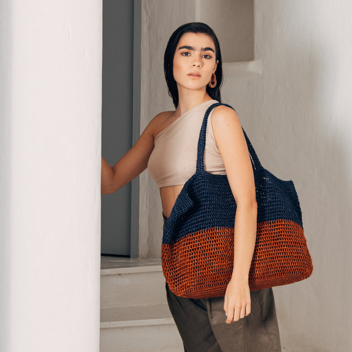 Bicolor Fique Tote — Navy / Orange by Matamba at White Label Project