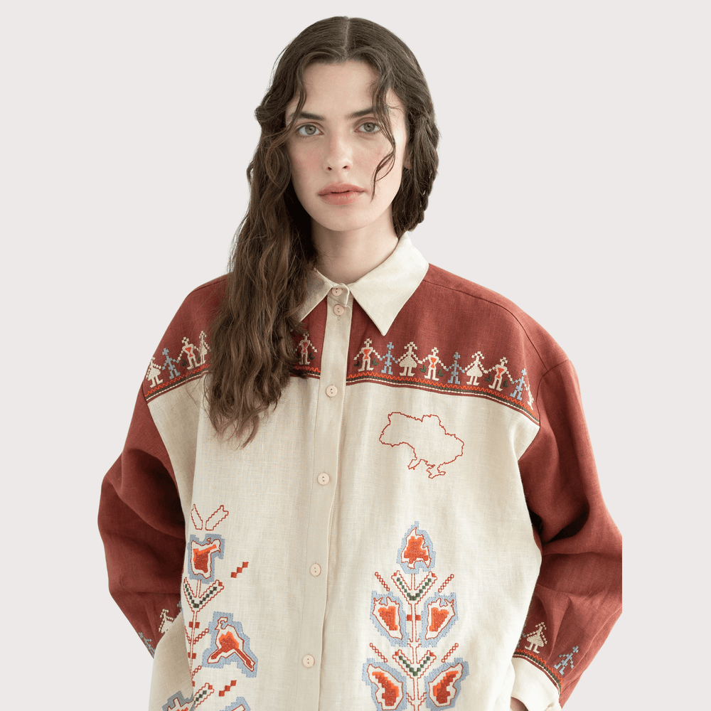 Smilyvist City Heroes Embroidered Shirt - Brown by Etnodim at White Label Project