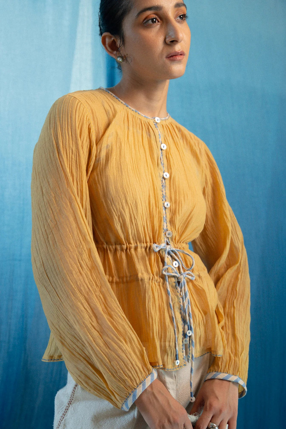 AY Chanderi Ruched Blouse by Lafaani at White Label Project