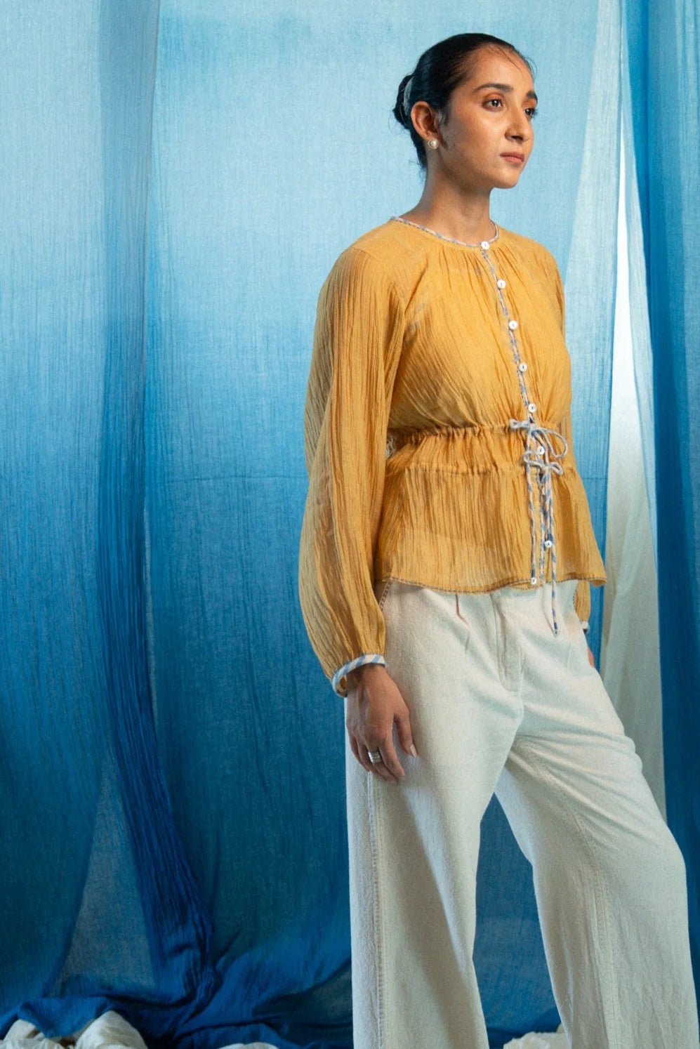 AY Chanderi Ruched Blouse by Lafaani at White Label Project