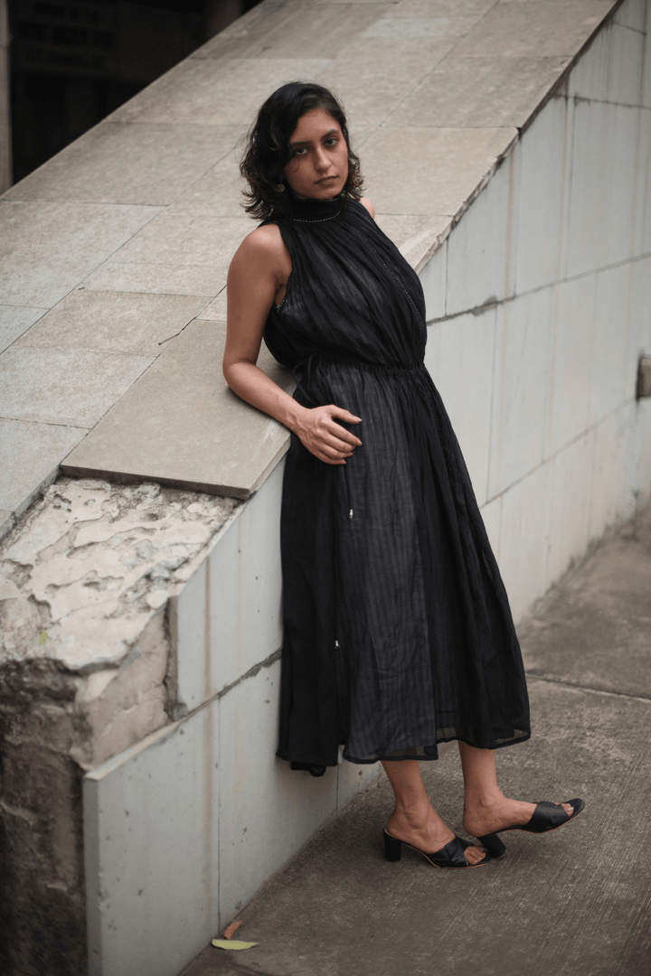 Gather Chanderi Dress - Black by Lafaani at White Label Project