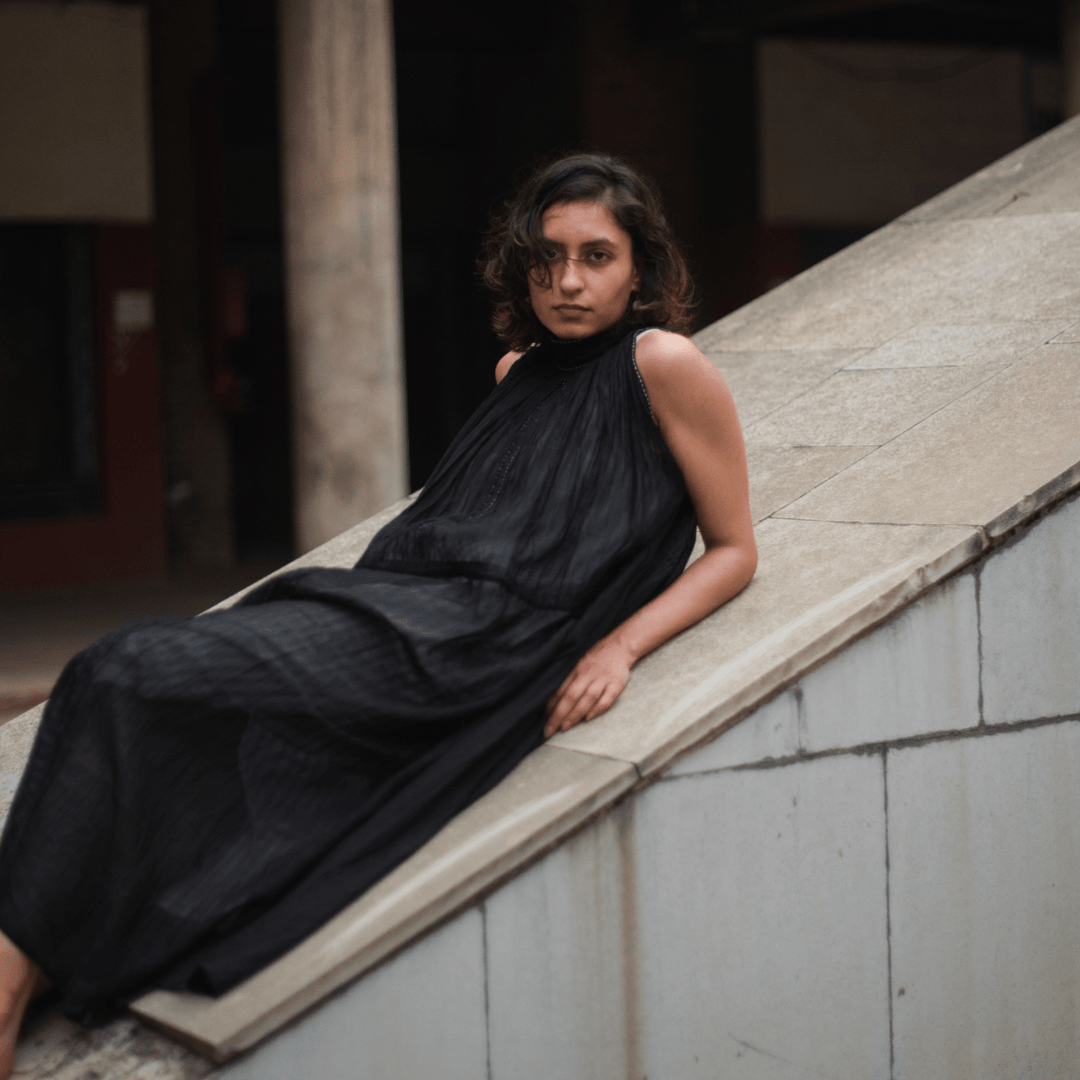 Gather Chanderi Dress - Black by Lafaani at White Label Project
