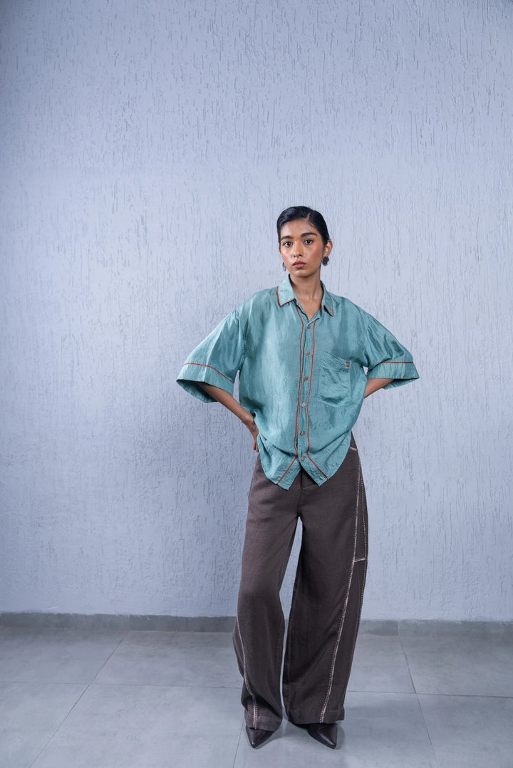 Unquiet Teal Silk Shirt by Lafaani at White Label Project