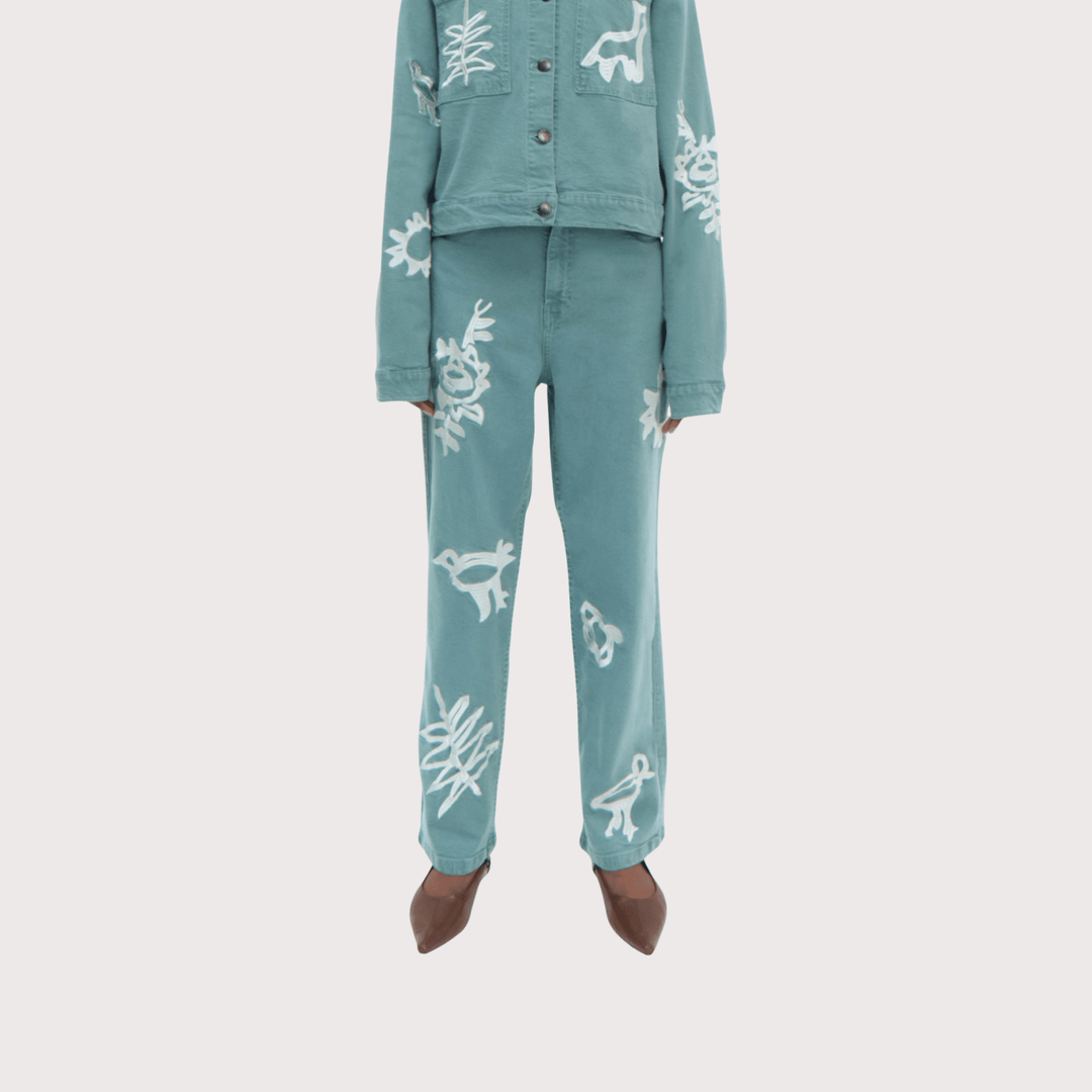 Iconos Jeans - Aqua with White Embroidery by Olga Fisch at White Label Project