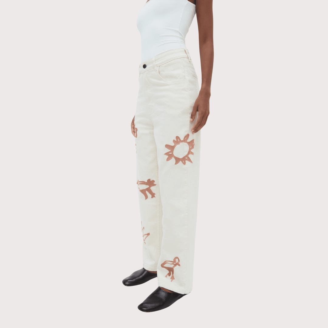 Iconos Jeans - White with Ochre Embroidery by Olga Fisch at White Label Project