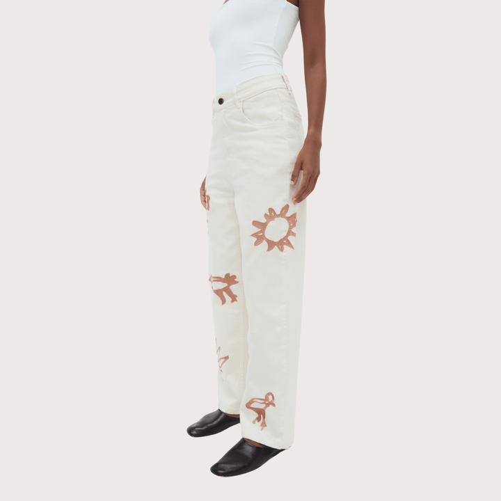 Iconos Jeans - White with Ochre Embroidery by Olga Fisch at White Label Project