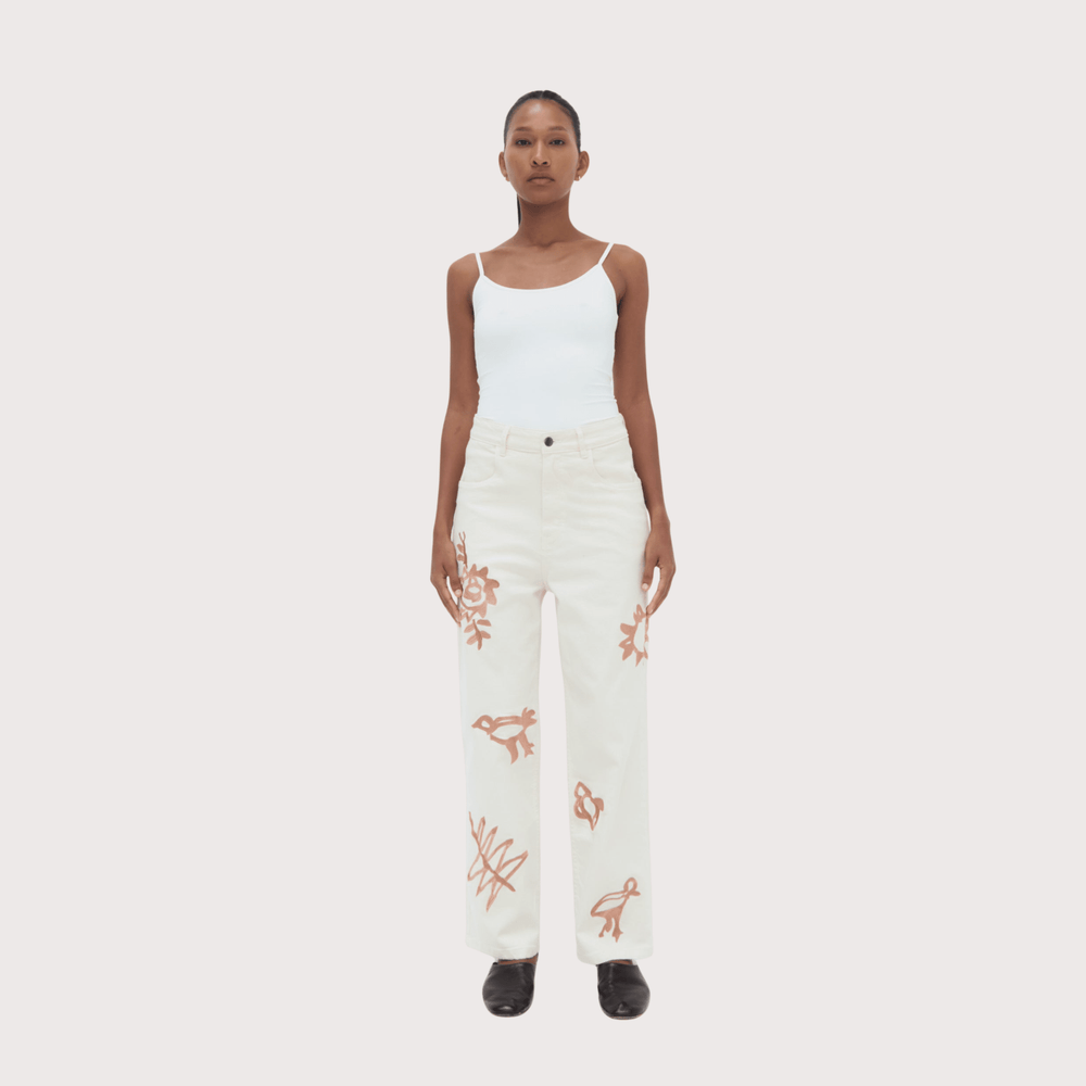 Iconos Jeans - White with Ochre Embroidery by Olga Fisch at White Label Project
