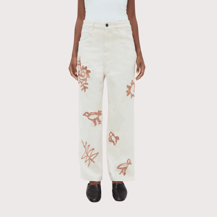 Iconos Jeans - White with Ochre Embroidery by Olga Fisch at White Label Project