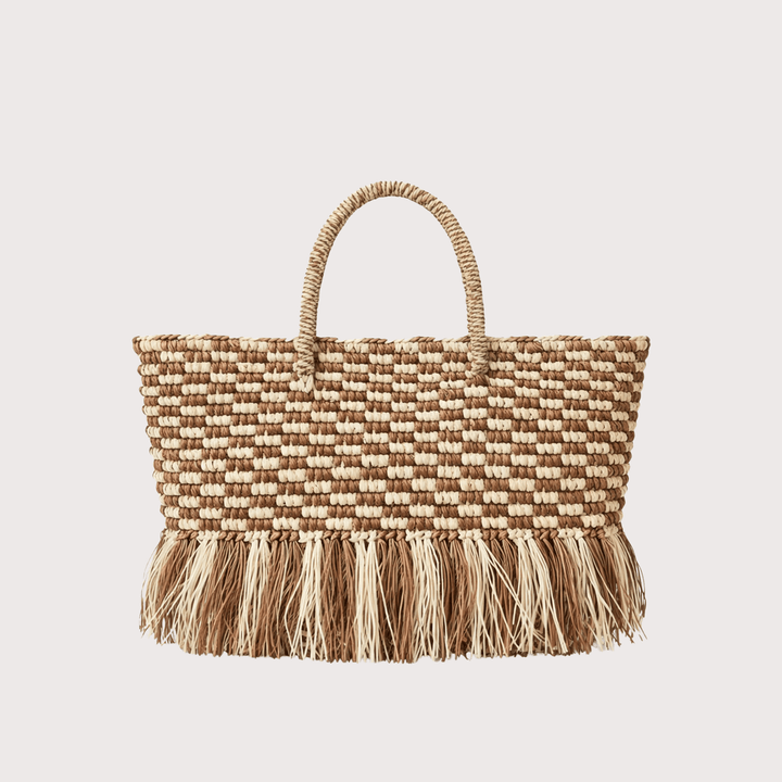 Irene Straw Bag - Checkered Brown by Olga Fisch at White Label Project