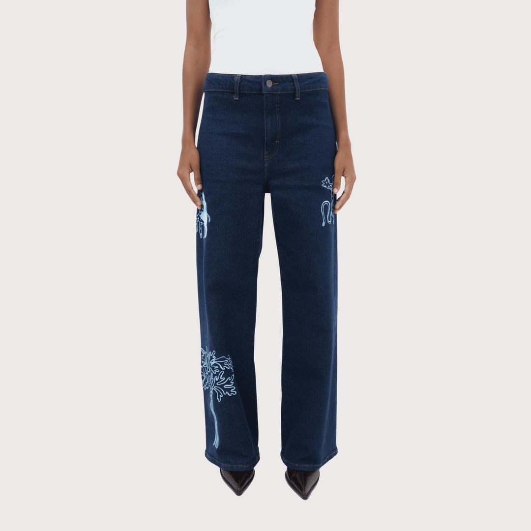 Munay Jeans - Raw Denim with Blue Embroidery by Olga Fisch at White Label Project