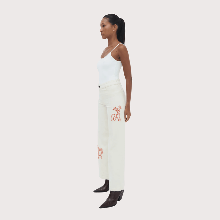 Munay Jeans - White with Embroidery by Olga Fisch at White Label Project
