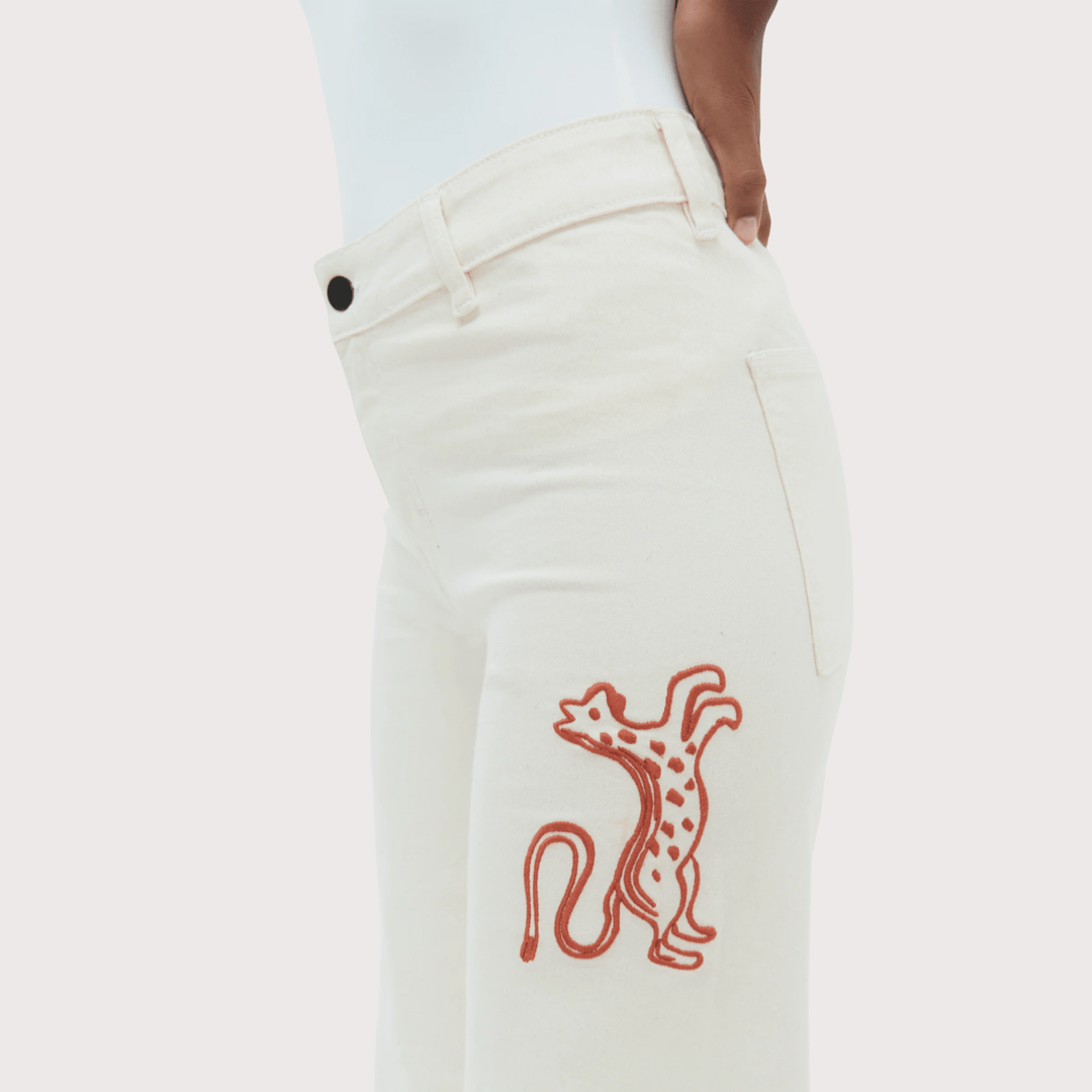 Munay Jeans - White with Embroidery by Olga Fisch at White Label Project