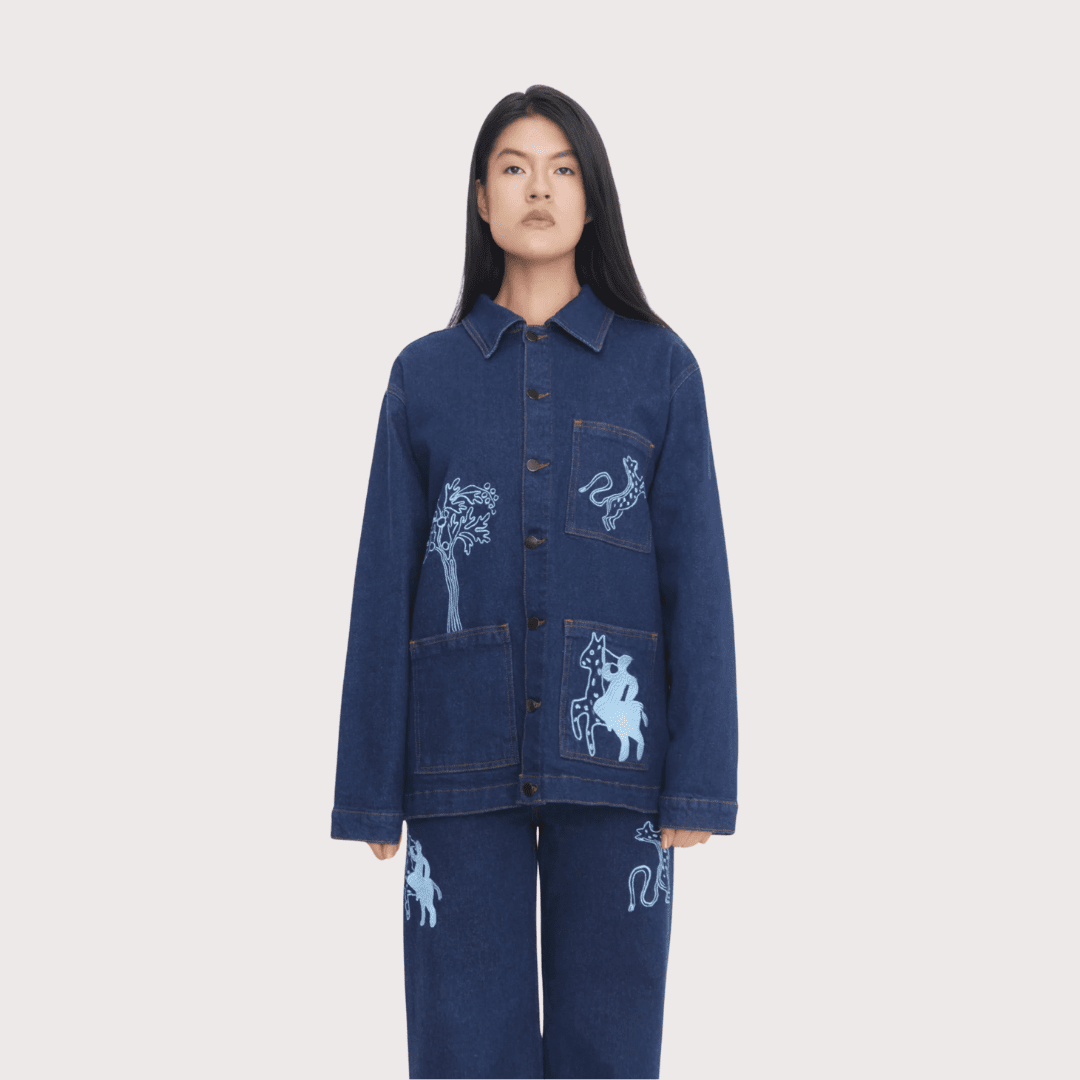 Munay Workman Jacket - Raw Denim with Blue Embroidery by White Label Project at White Label Project