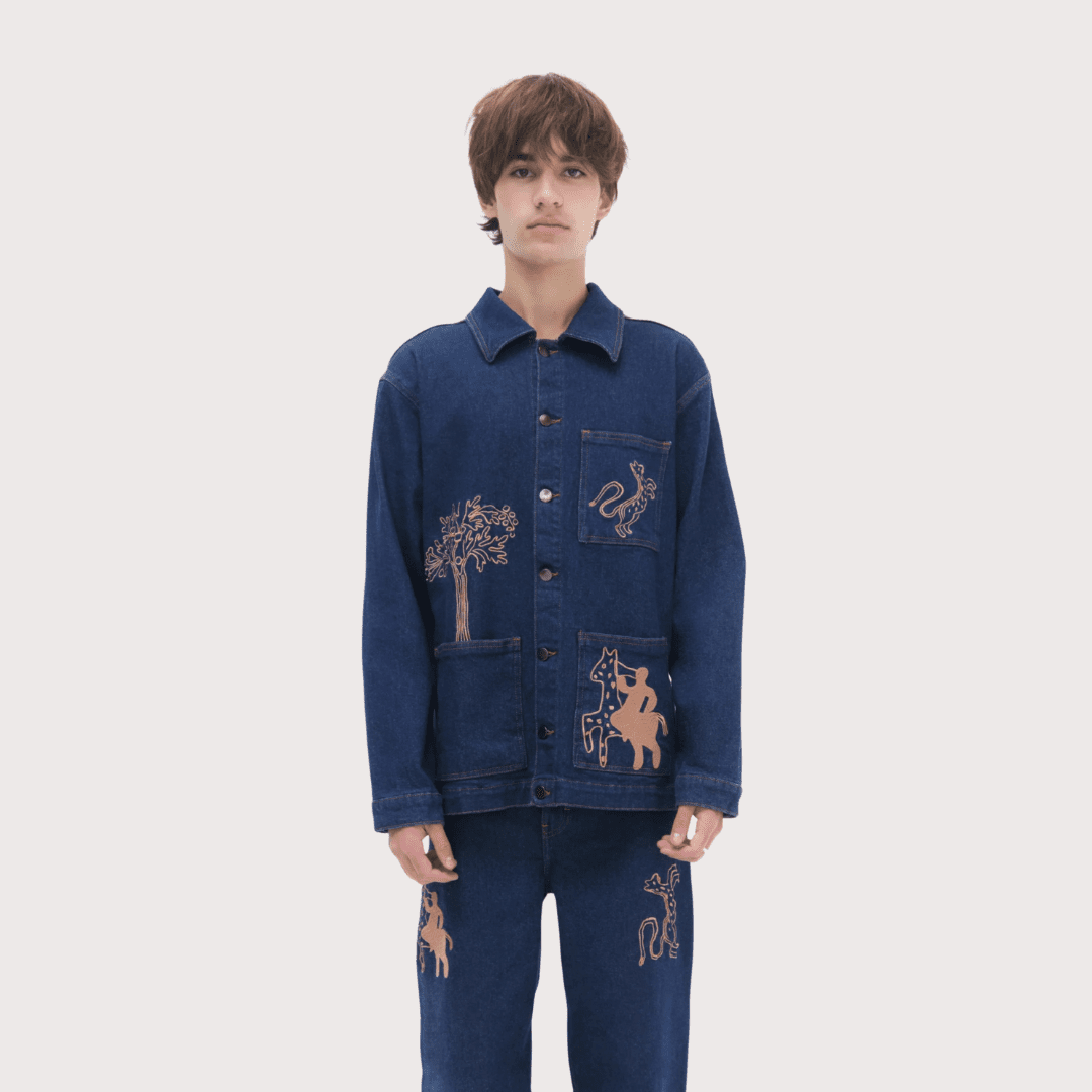 Munay Workman Jacket - Raw Denim with Orange Embroidery by White Label Project at White Label Project