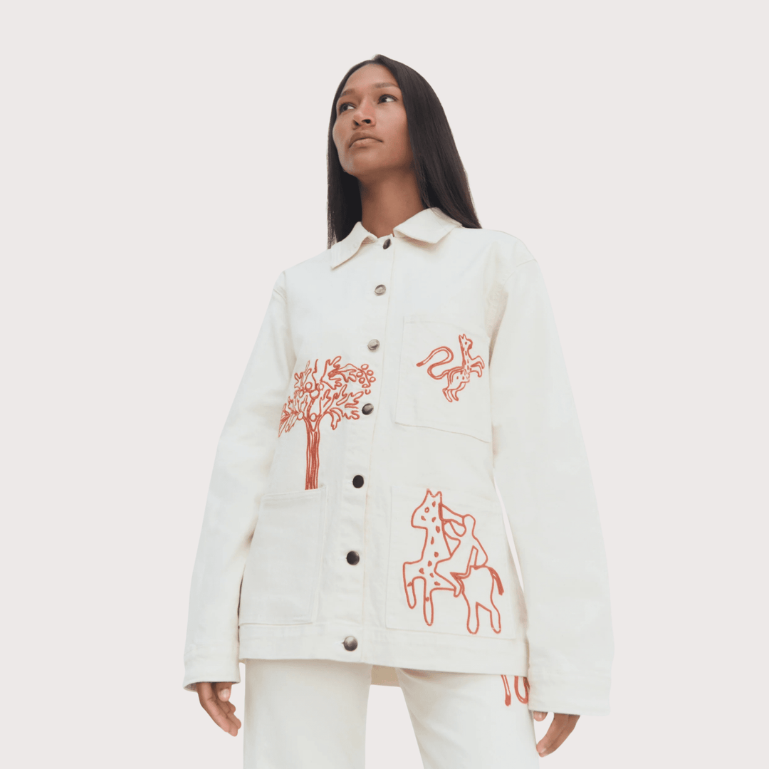 Munay Workman Jacket - White Denim with Red Embroidery by White Label Project at White Label Project