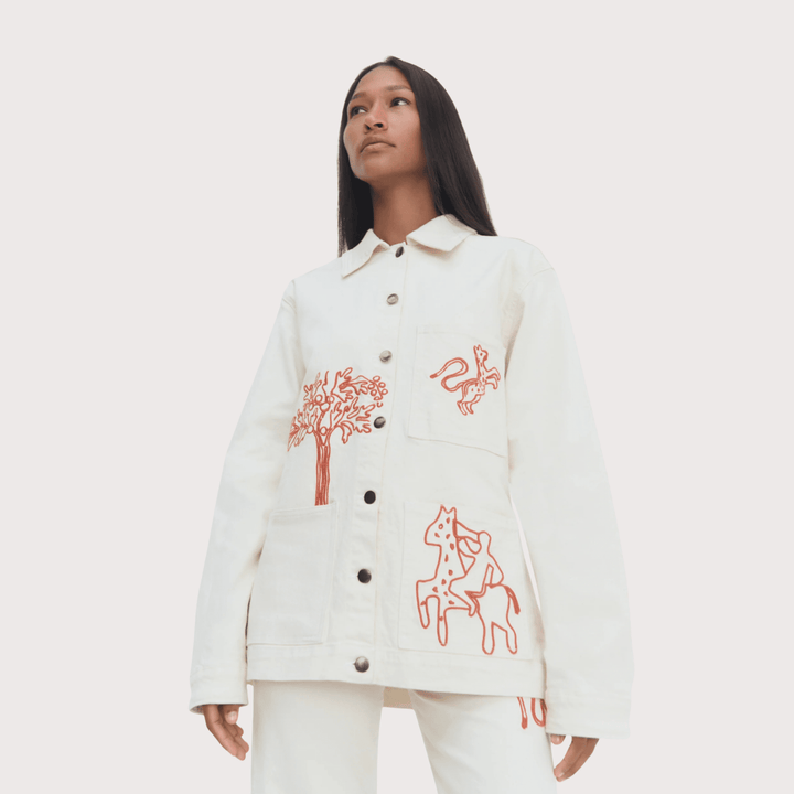Munay Workman Jacket - White Denim with Red Embroidery by White Label Project at White Label Project