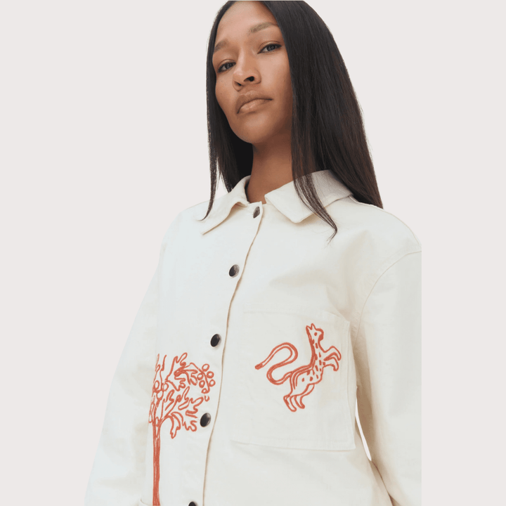 Munay Workman Jacket - White Denim with Red Embroidery by White Label Project at White Label Project