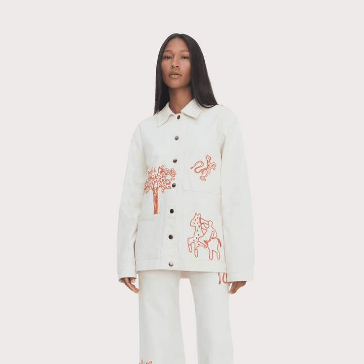 Munay Workman Jacket - White Denim with Red Embroidery by White Label Project at White Label Project