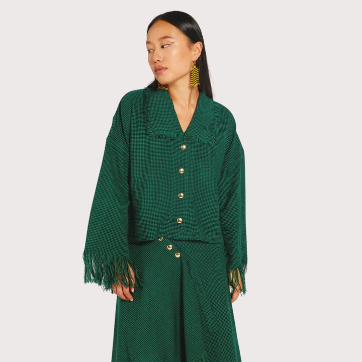 Blouse with fringes Maasai - Shuka Green by Endelea at White Label Project