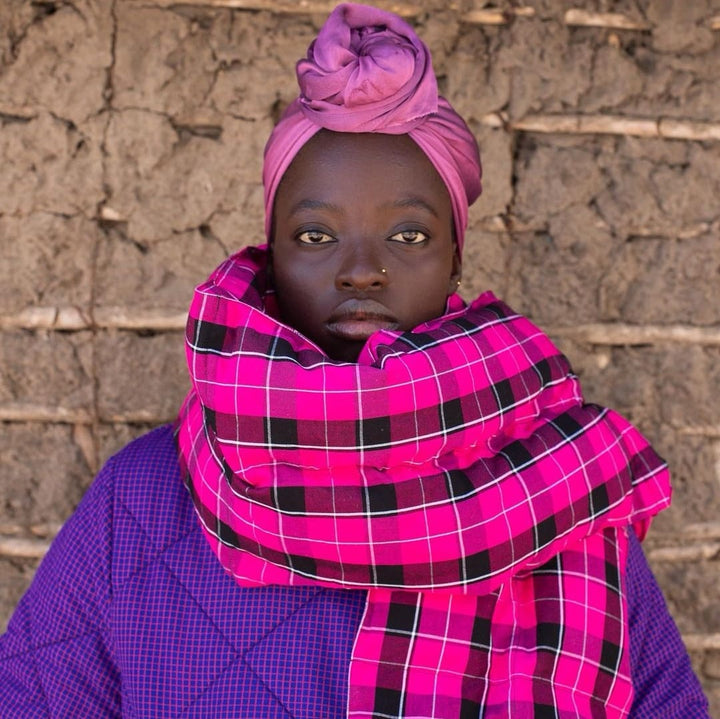 Maasai Puff Scarf - pink checkered by Endelea at White Label Project